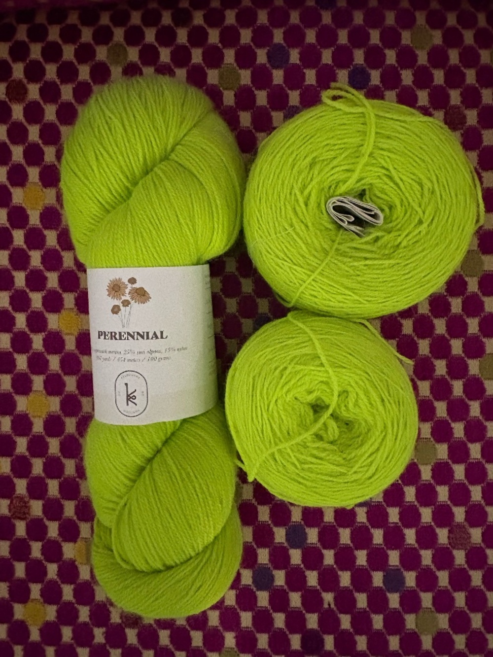 Kelbourn Woolens Perennial yarn in Neon Lime colorway, 497yds/100grams, 3 skeins